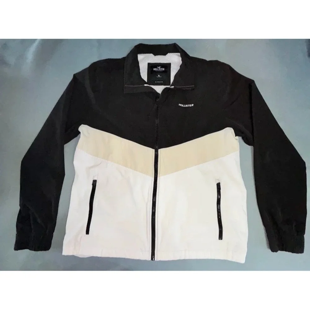 Hollister Windbreaker Jacket Men XL Black/White Epic Flex Mesh Lined Chevron EUC